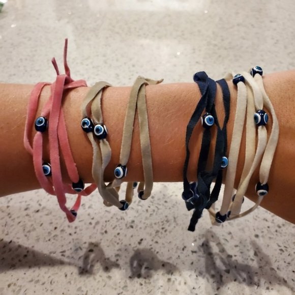 Set 4 Boho Velvet Long Necklace Wrap Bracelets Evil Eye Tan White Pink Navy Blue - Picture 1 of 11